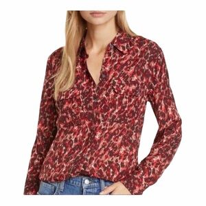 Equipment Slim Signature Jacquard Shirt Floral Leopard Print Viscose Size XS Red